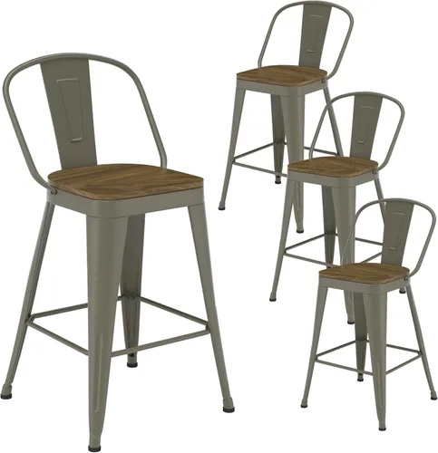 Vista 26 de Juego de 4 taburetes de bar de metal, taburetes de bar con respaldo alto con asiento de madera, taburetes de bar negros de 24 pulgadas para isla