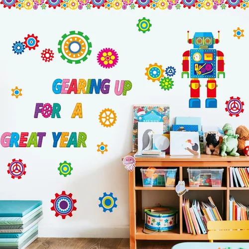 Vista 5 de Fulmoon Juego de 52 tablones de anuncios para aula, equipo de robot, decoración de pared, preparándose para un año, recortes para decoración