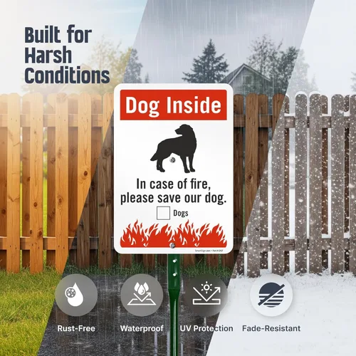 Vista 2 de SmartSign Letrero de patio con texto en inglés "Dog Inside - In Case Of Fire Please Save Our Dog" de 10 x 7 pulgadas, kit de estaca de 18 pulgadas