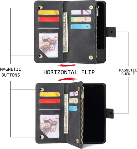 Vista 7 de UEEBAI Funda tipo cartera para iPhone 14 Plus, Funda de cuero PU Cierre magnético Bolso con cremallera Estuche de bolsillo con cremallera Ranuras