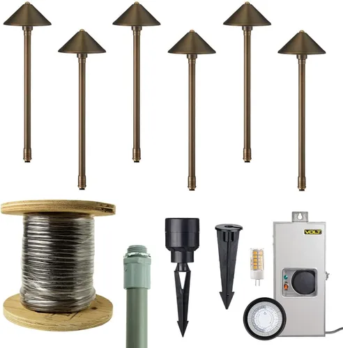 VOLT Kit de 6 luces LED de latón fundido de 12 V con transformador de bajo voltaje de 150 W para iluminación de paisaje en caminos al aire libre