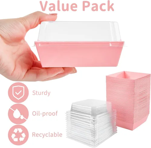 Vista 3 de Kucoele Paquete de 100 Cajas de Papel para Charcutería con Tapas Transparentes, Cajas de Galletas Rosas de 4 Pulgadas, Cajas de Postre, Contenedores
