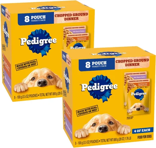 Vista 12 de PEDIGREE Chopped Ground Dinner Comida húmeda y suave para perros adultos, sabor a carne de res, tocino y queso, bolsas de 3.5 oz, paquete de 16