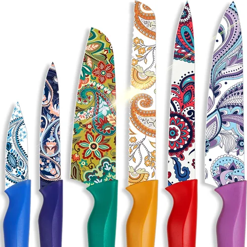 Astercook Juego de cuchillos con diseño de cachemira con tapa, cuchillos coloridos aptos para lavavajillas con 6 fundas de cuchillos, juego de