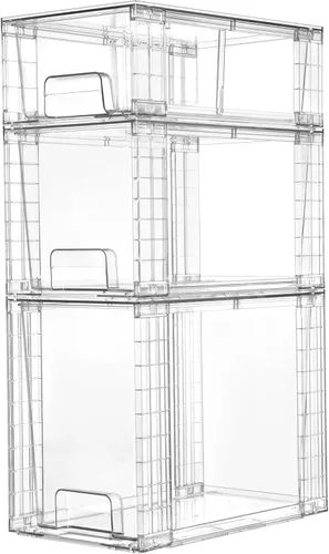 Vtopmart Paquete de 3 cajones de almacenamiento apilables transparentes, organizadores de baño fáciles de montar y almacenamiento con asas, cajones