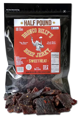 Vista 14 de Bolsa resellable de media libra de carne de res con sabor a bourbon Bronco Billy's Beef Jerky