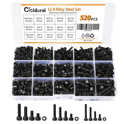 Vista 8 de Kit surtido de 520 piezas de acero de aleación M3 M4 M5 de grado 10.9, pernos, tornillos y tuercas con cabeza hexagonal y botón, juego completo