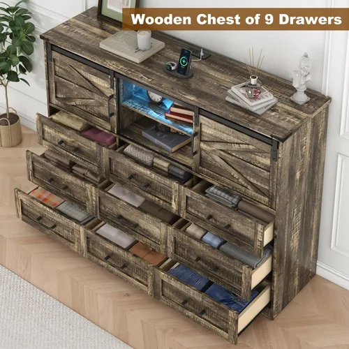 Vista 3 de Cómoda para dormitorio con 9 cajones, cómoda de madera de 43 pulgadas de alto con puertas corredizas de granero, luces LED, soporte de TV moderno