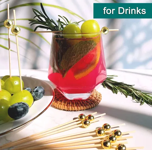 Vista 4 de Púas de cóctel, palillos de dientes para aperitivos, 100 piezas de 4.7 pulgadas palillos de cóctel de perlas doradas para decoraciones de fiestas