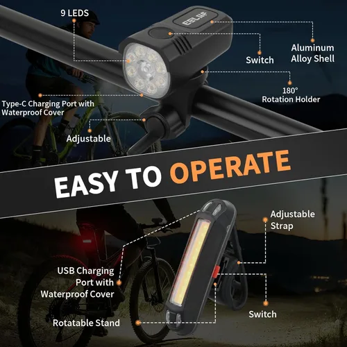 Vista 7 de Bike Light for Night Riding, 2000LM/1000LM Bicycle Headlight & Taillight, Multiple Modes,3000mAh/2000mAh USB C Rechargeable Waterproof LED Bright