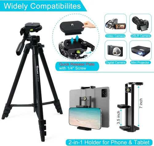 Vista 2 de Endurax Trípode de cámara de 60 pulgadas para Canon Rebel Eos Nikon DSLR, trípodes de viaje para tableta de teléfono con control remoto, color negro