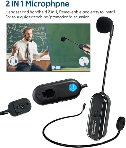 Vista 3 de Auriculares inalámbricos con micrófono inalámbrico 2.4G y de mano 2 en 1 recargables para amplificador de voz, altavoces de escenario, profesor