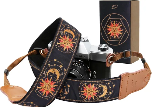 Padwa Lifestyle Helios Moon God - Correa para cámara de 2 pulgadas, doble capa, extremos de piel vacuna, correas de cámara para fotógrafos, tejido