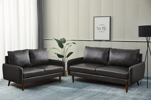 Vista 22 de INSTORY Sofá de cuero Sofá moderno con patas de madera para sala de estar Oficina - Gris oscuro
