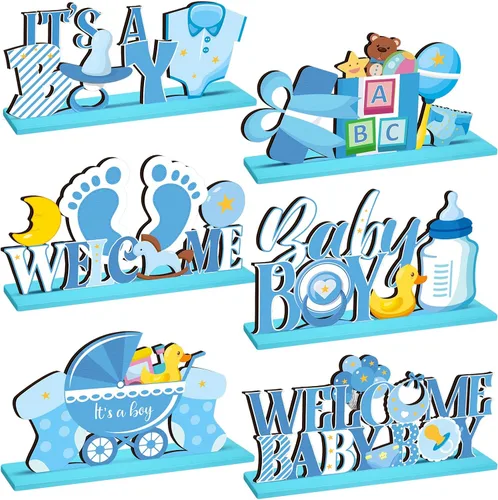 6 piezas de centros de mesa de madera azul para baby shower, decoración de baby shower para niño, bienvenida al niño, revelación de género,