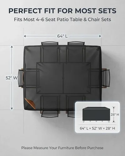 Vista 4 de Cubierta impermeable para muebles de exterior, juego de mesa y silla rectangular de 600D resistente de 64 pulgadas de ancho x 52 pulgadas de largo x