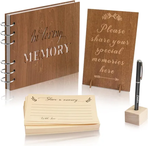 Creawoo Libro de visitas funerario de madera para servicio conmemorativo, decoración de celebración de la vida, juego de libro de visitas de tapa