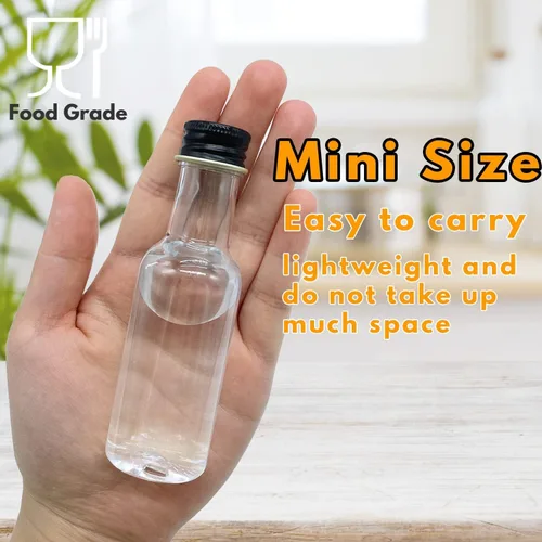 Vista 5 de Mini botellas de licor, paquete de 30 botellas herméticas de plástico con tapa negra, 1.7 onzas vacías de alcohol con 10 embudos, miniatura
