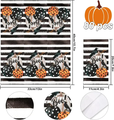 Vista 2 de Servilleta de papel de 3 capas desechable para invitados de Halloween, toalla de mano con rayas de calabaza y cuervo, servilletas de cena