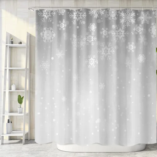 Sanzugh Cortina de ducha de Navidad gris, juego de cortinas de ducha de tela de copo de nieve de invierno blanco gris plateado para baño, decoración