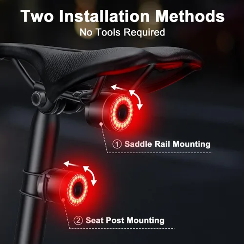 Vista 9 de Luz trasera inteligente para bicicleta, encendido/apagado automático, luz trasera con detección de freno, luz trasera de bicicleta recargable USB C