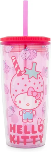 Vista 29 de Silver Buffalo Sanrio Hello Kitty - Taza de acero inoxidable con doble pared para soda con popote abatible, 11.8 onzas