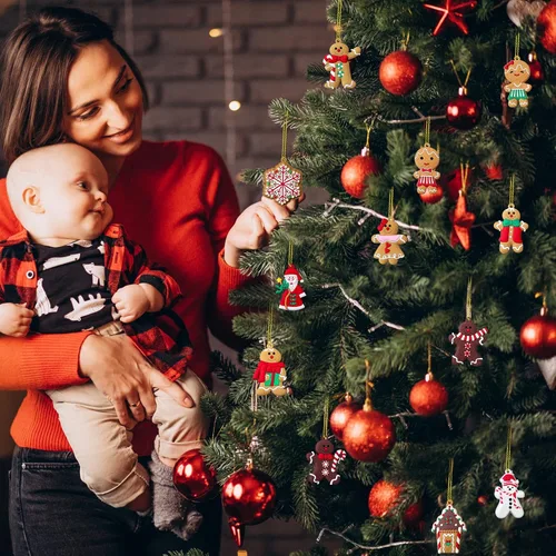 Vista 2 de 12 piezas de adornos navideños, lindo muñeco de nieve, decoraciones para árbol de Navidad, figuras de plástico de Papá Noel, adornos con casa