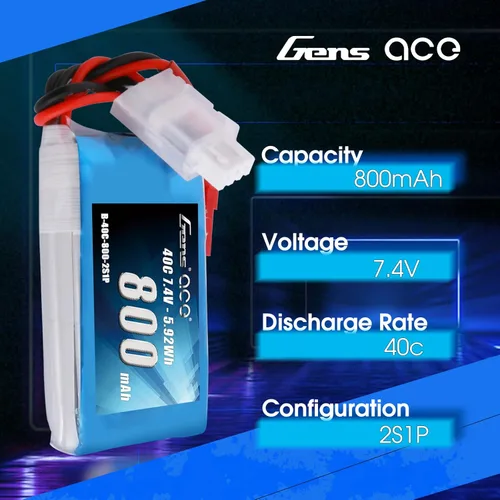 Vista 3 de Gens ace Batería LiPo de 800mAh 2S 7.4V 40C con enchufe JST-SYP para helicóptero 250 31.496 in Warbird