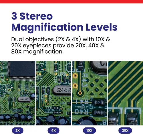 Vista 3 de AmScope Microscopio estéreo binocular delantero SE306R-PZ, oculares WF10x y WF20x, aumento 10X-80X, objetivos 2X y 4X, fuente de luz halógena