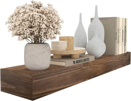 Vista 16 de Mantel flotante de madera rústica de 48 pulgadas para chimeneas eléctricas, repisa de madera maciza para chimenea (negro, 48 x 8 x 6)