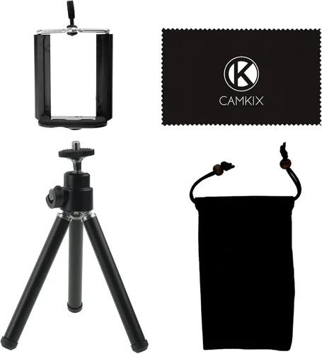 Vista 2 de CamKix Kit de trípode ajustable universal para Smartphones incluye trípode/soporte de smartphone universal / bolsa de terciopelo / paño