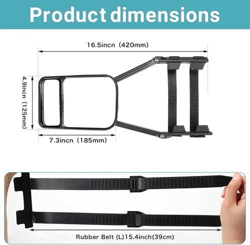 Vista 6 de Espejo de remolque para automóvil, extensiones de espejo de remolque con clip, doble vidrio, brazo largo universal ajustable, paquete de 2