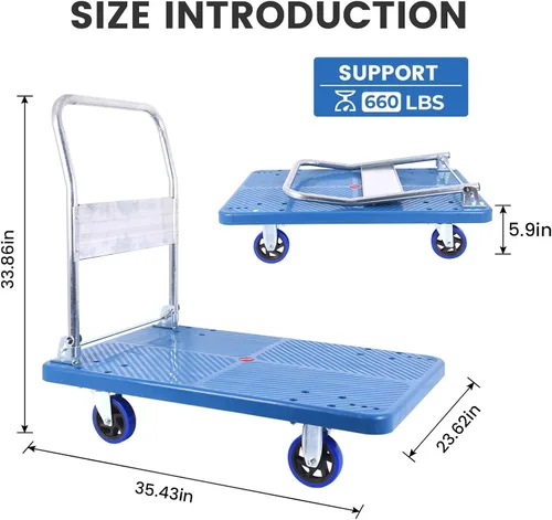 Vista 5 de Doppy Carrito de empuje Dolly de 660 libras, camión de plataforma móvil plegable con ruedas giratorias para carga, almacenamiento, almacén