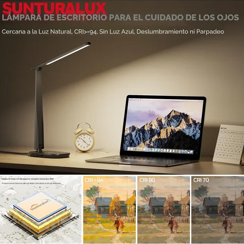 Vista 3 de Honeywell Lámpara de escritorio LED para oficina en casa, luz de cuidado de los ojos con 4 modos de color y control táctil, puertos de carga USB