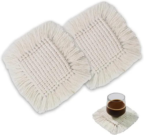 Vista 11 de Juego de 2 posavasos bohemios de macramé, posavasos absorbentes para bebidas, redondos tejidos a mano para decoración bohemia del hogar, posavasos