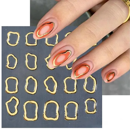 Vista 3 de SILPECWEE 6 hojas de calcomanías de arte de uñas en relieve dorado 5D, marco geométrico irregular, diseño de calcomanías huecas para uñas