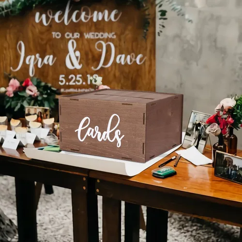 Vista 5 de OurWarm Caja de tarjetas de boda con tapa, caja de tarjeta de regalo de madera para recepción de boda, caja de dinero rústica sobre para bodas