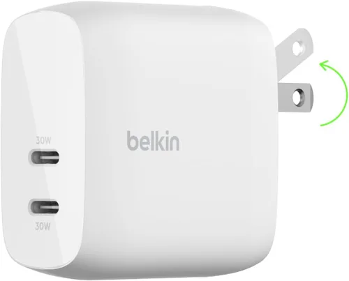 Belkin Bloque de cargador dual USB C de 60 W con carga súper rápida PPS - Samsung Galaxy S25, Apple iPhone 17, Air, Pro, Pro Max, iPad, AirPods,