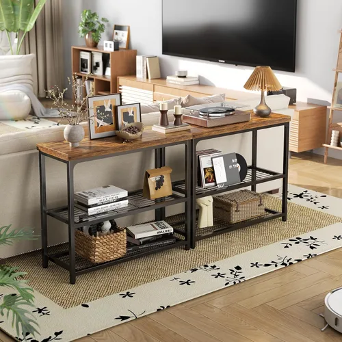Vista 6 de Mesa consola pequeña de 32 pulgadas, mesa de entrada de 3 niveles, mesa de sofá con estantes de malla, mesas de consola para sala de estar
