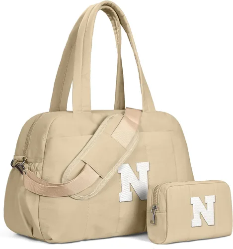 Vista 92 de Bolsa de lona Vogewood, bolsas personalizadas de fin de semana para mujer, bolsas de viaje con estuche de maquillaje, regalos de cumpleaños, Beige