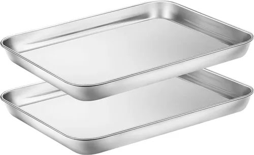 Vista 11 de Wildone - Juego de 2 bandejas para hornear de acero inoxidable, bandeja para galletas, tamaño 9 x 7 x 1 pulgada, no tóxico, resistente, acabado