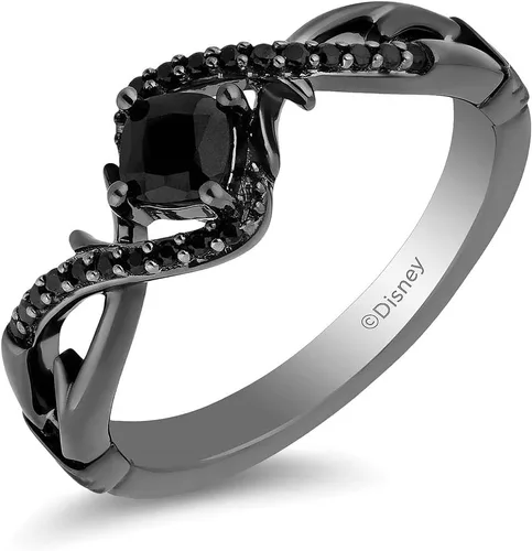 Jewelili - Anillo de compromiso maléfica de villano de Disney para mujer con forma de cojín central de 0.157 pulgadas y diamante redondo negro