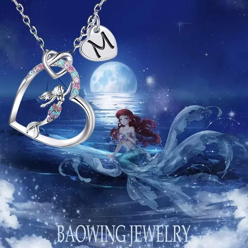 Vista 7 de BAOWING Regalos de sirena para niñas, collares de sirena, coloridos collares con colgante de letra de corazón de circonita cúbica, collar con dije