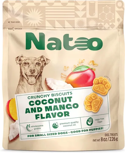 NATOO Galletas para perros pequeños y cachorros, golosinas crujientes de coco y mango, galletas naturales saludables para perros, ricas en Omega 6,