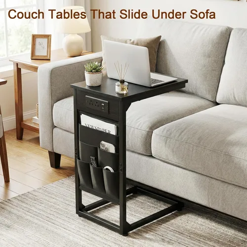 Vista 4 de AMHANCIBLE - Mesa auxiliar en forma de C con estación de carga, juego de bandeja para TV de 2 piezas, mesas de sofá con bolsa de almacenamiento