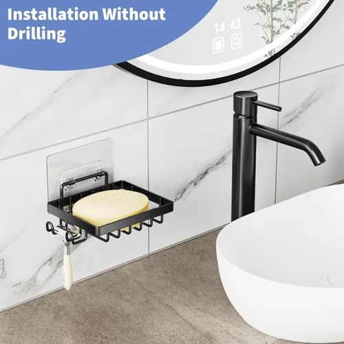 Vista 5 de Moforoco Jabonera negra, soporte para barra de jabón para ducha, accesorios de baño sin perforaciones, soporte de jabón montado en la pared