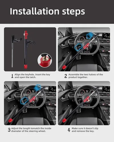 Vista 7 de Dodomes Bloqueo de Volante Antirrobo de Alta Resistencia para Coche, Abrazadera de Longitud Ajustable, Doble Gancho, Ajuste Universal, Negro