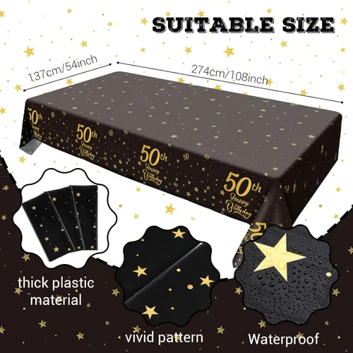 Vista 2 de Tegeme 3 Pieces 50th Birthday Tablecloth Plastic Happy 1975 Table Cover Birthday Decorations 54 x 108 Inches Black and Gold Table Cloths for Men