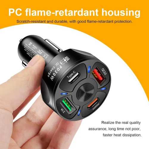 Vista 5 de Augeny Cargador de carga rápida para automóvil de 4 puertos, adaptador de encendedor de cigarrillos, carga automática súper rápida con QC 3.0, PD