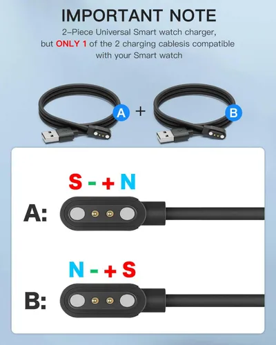 Vista 2 de Paquete de 2 cargadores magnéticos universales para reloj inteligente, contacto con el cable, 2 pines espaciado de 0.110 in, cable de cargador USB